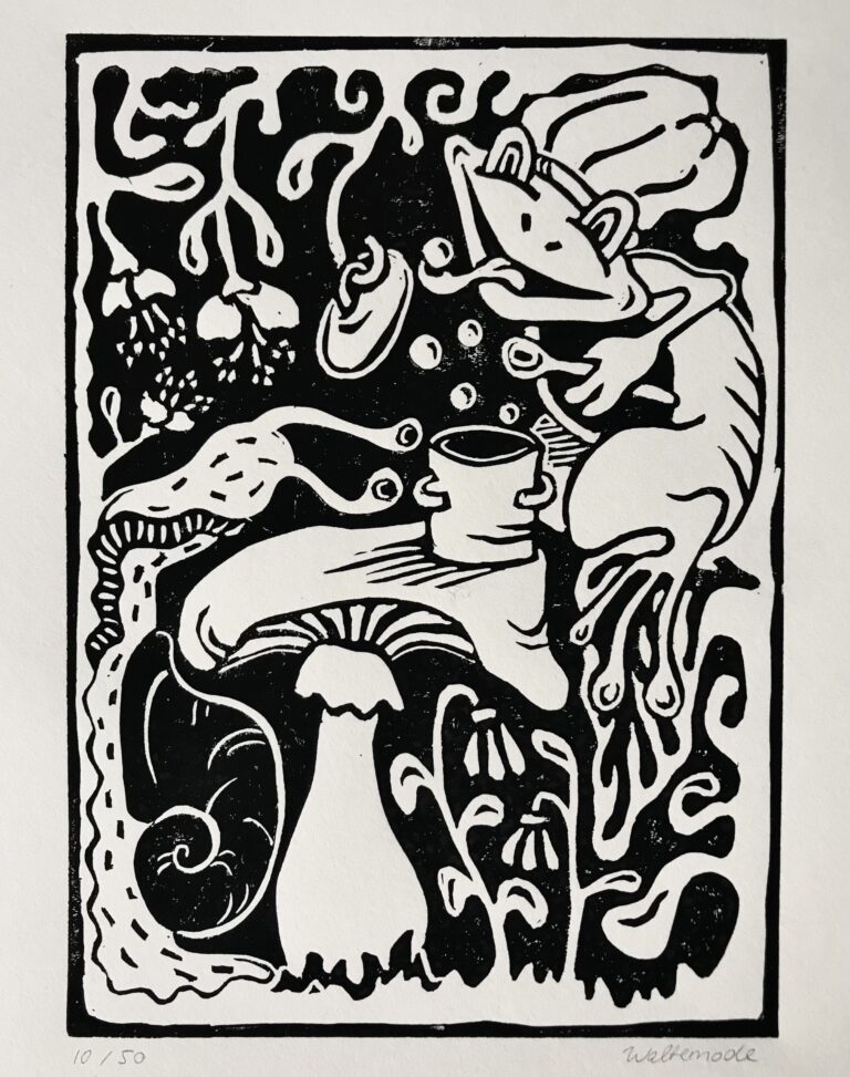 „Frog Cooking“
Linoprint on Paper, 29.7×21cm, 2021