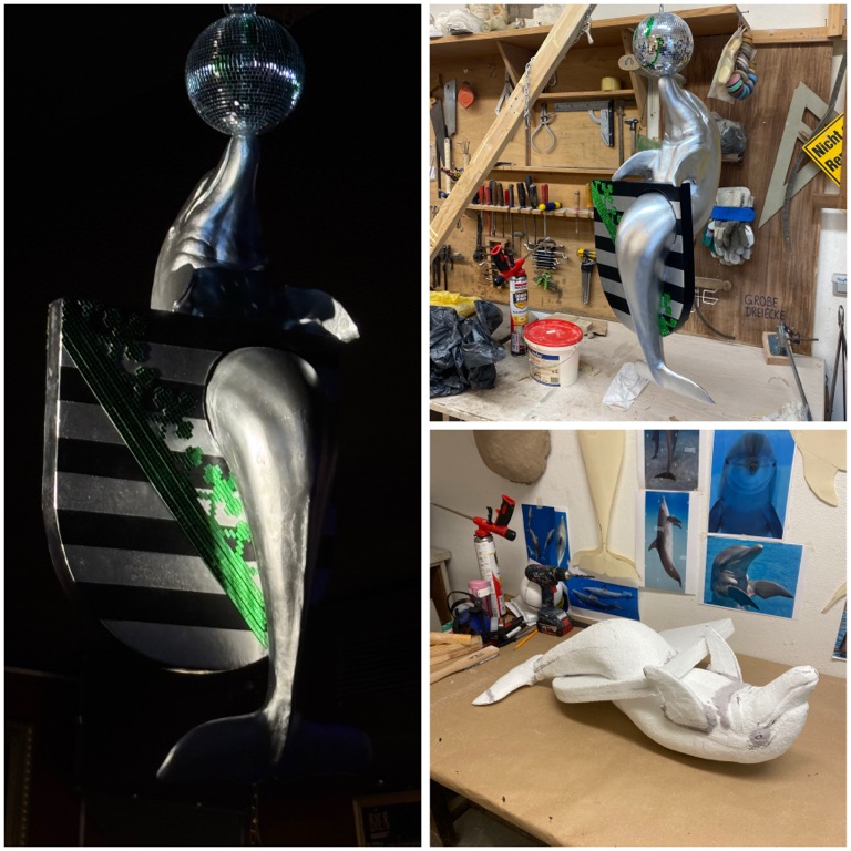 Dolphin Sculpture for "Sachsentrance", Styrofoam, Glue, Paper, Steel, Acryl, 100x40x40cm, 2025 