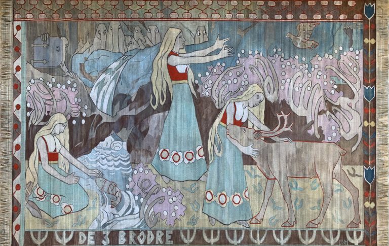 Gobelin Imitation Painting, Acryl on Jute Fabric, 2024
Reference: „The Three Brothers (De Tre Brodre)“ by Frida Hansen / Gerhard Munthe, Woolen Thread, 68×105cm, 1900