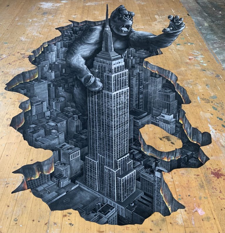 Architectural Anamorphosis Painting „King Kong is Back“, Acryl on Black Cotton, 500×285cm, 2024