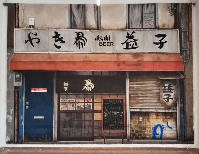 Japanese Storefront Imitation, Acryl and Acrylic Paste on Cotton Nettle, 400×500cm, 2023